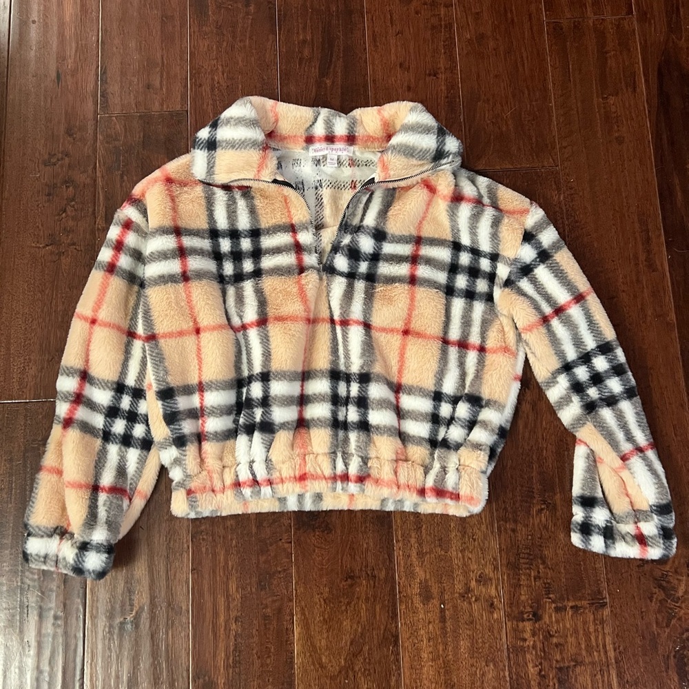 Honey & Sparkle Half Zip Plaid Print Sweatshirt